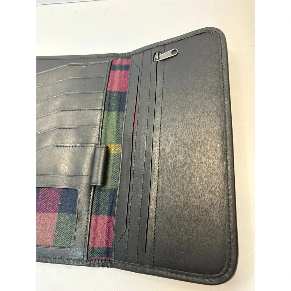 Vintage LL Bean Black Leather Trifold Checkbook Wallet Plaid Lining Mens Womens‎